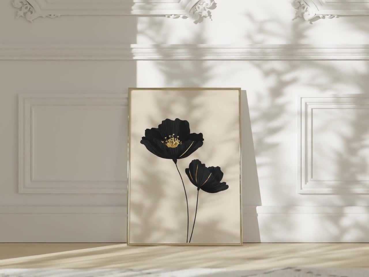 抽象的でミニマリストな植物の花の絵画、モダンな黒とベージュの花の壁